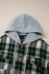 Green Plaid Print Chest Pocket Buttoned Hooded Shacket Plaid Shackets JT's Designer Fashion