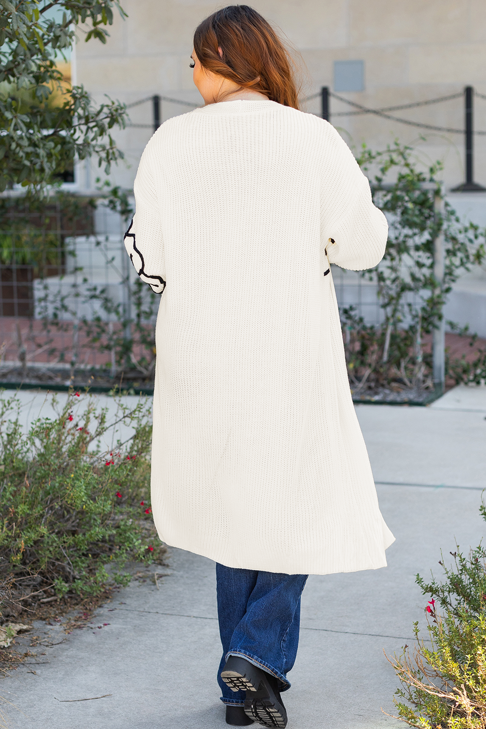 Beige Flower Embroidered Drop Shoulder Open Front Duster Cardigan Cardigans JT's Designer Fashion