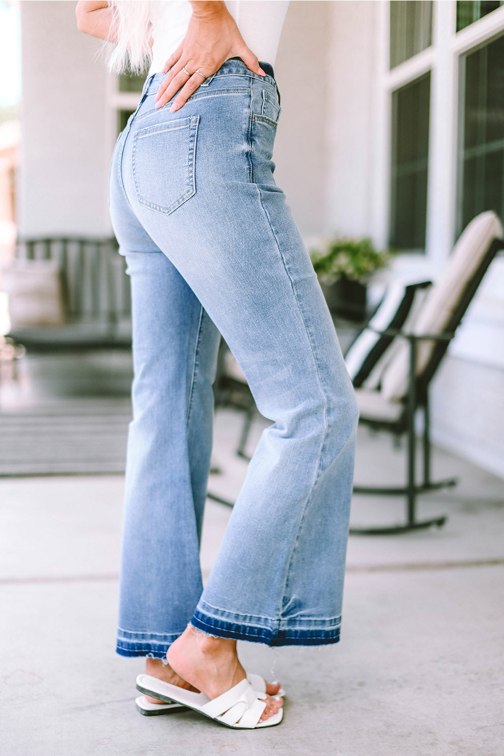 Sky Blue High Waist Buttoned Distressed Flared Jeans Jeans JT's Designer Fashion