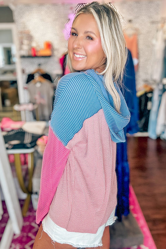 Pink Color Block Patchwork Corded Knit Loose Fit Hoodie Sweatshirts & Hoodies JT's Designer Fashion