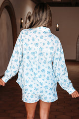 Sky Blue Floral Striped Print Contrast Patched Pocket Shirt and Shorts Set Short Sets JT's Designer Fashion