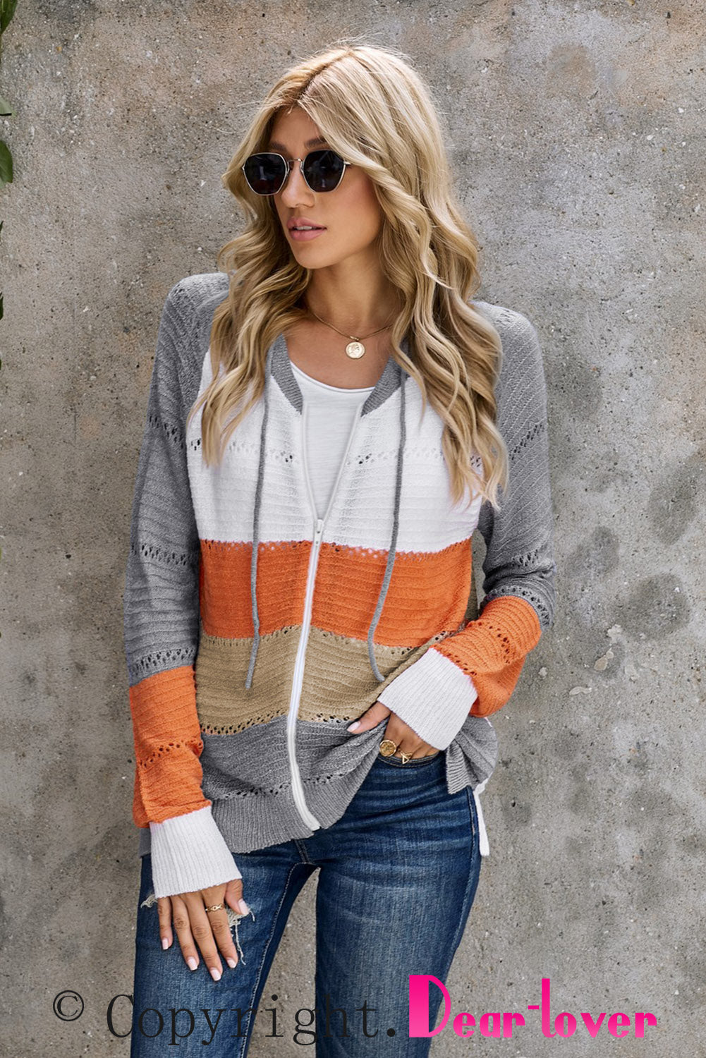 Gray Zipped Front Colorblock Hollow-out Knit Hoodie Sweatshirts & Hoodies JT's Designer Fashion