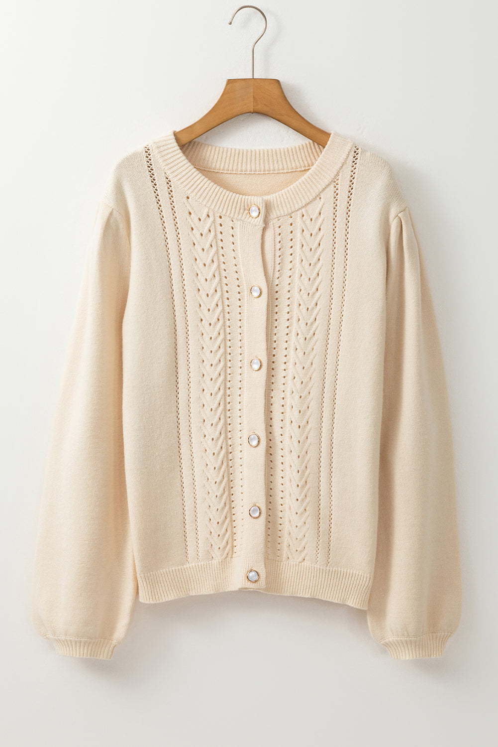 Apricot Pleated Sleeve Hollow Detail Button Sweater Cardigan Cardigans JT's Designer Fashion