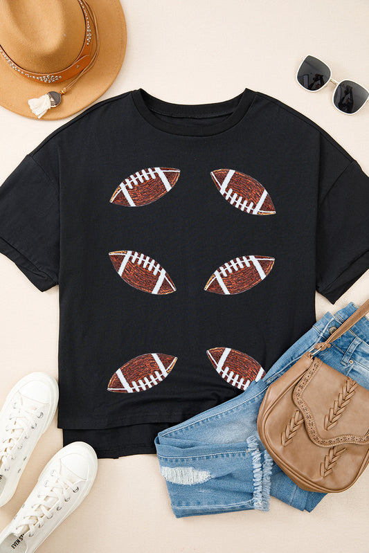 Black Sequin Rugby Football Patched Crewneck Loose T Shirt Graphic Tees JT's Designer Fashion