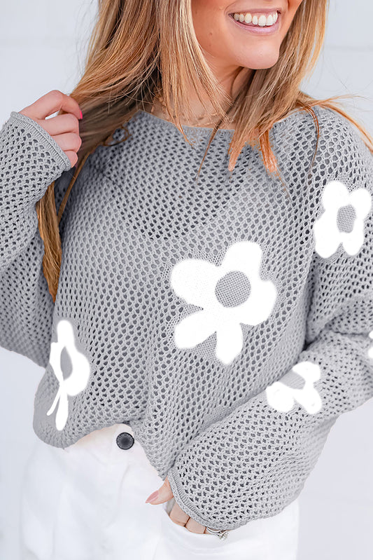 Light Grey Big Flower Hollowed Knit Drop Shoulder Sweater Light Grey 55%Acrylic+45%Cotton Sweaters JT's Designer Fashion