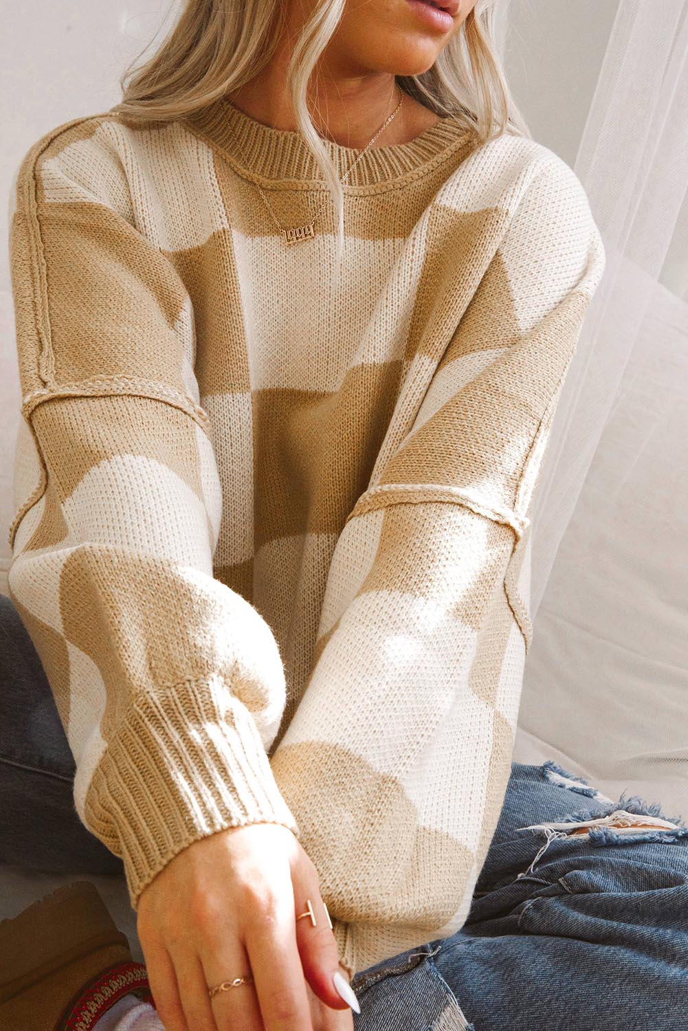 Khaki Checkered Bishop Sleeve Sweater Sweaters & Cardigans JT's Designer Fashion