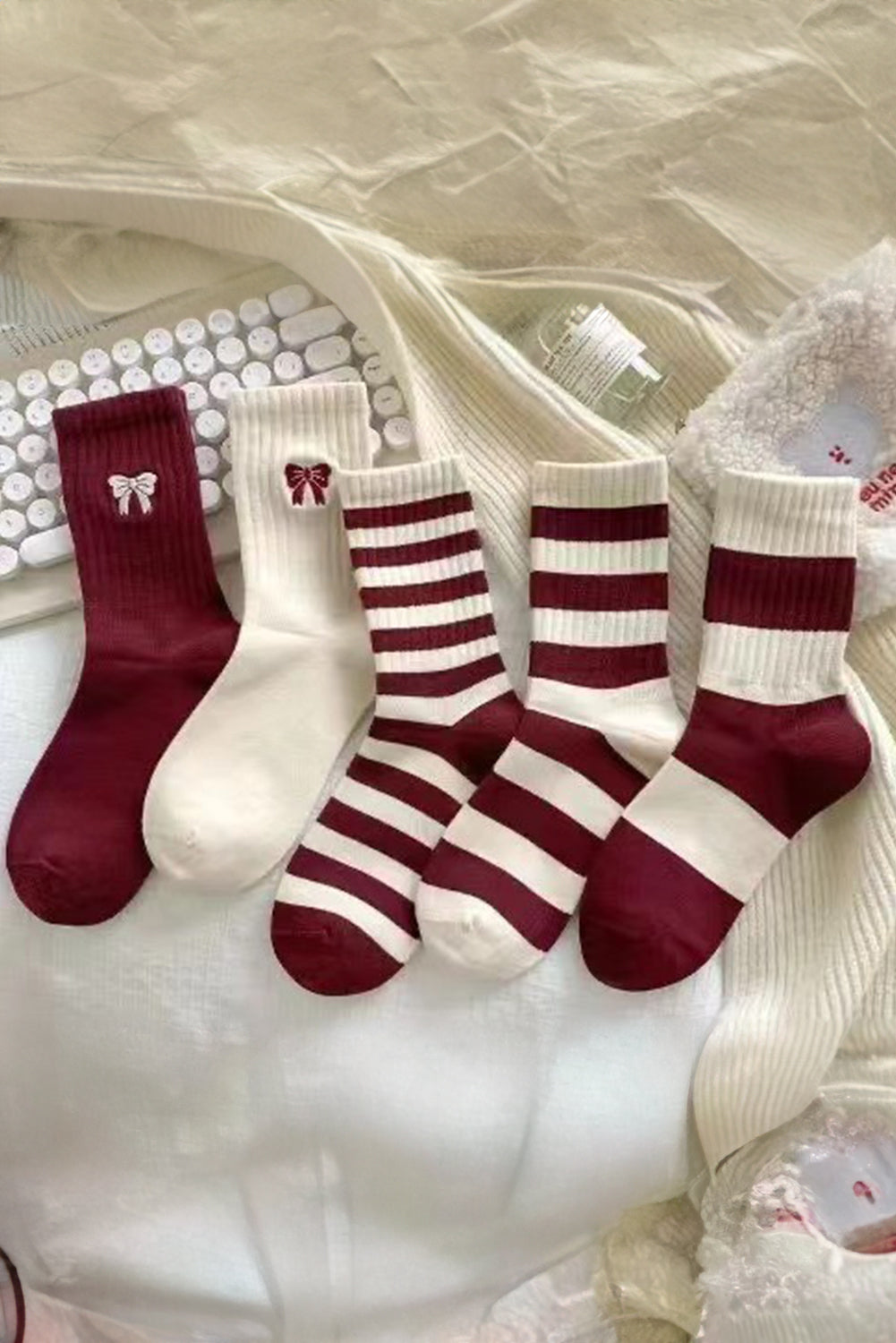 Fiery Red Embroidered Bowknot Ribbed Crew Socks Socks JT's Designer Fashion