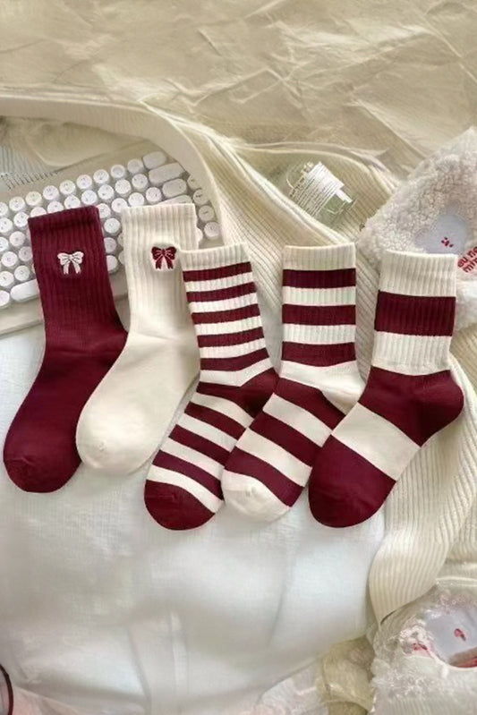 Fiery Red Embroidered Bowknot Ribbed Crew Socks Socks JT's Designer Fashion