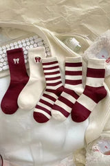 Fiery Red Embroidered Bowknot Ribbed Crew Socks Socks JT's Designer Fashion