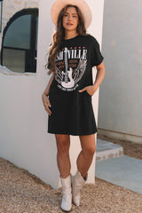 Black Nashville Guitar Print Crew Neck T Shirt Mini Dress T Shirt Dresses JT's Designer Fashion