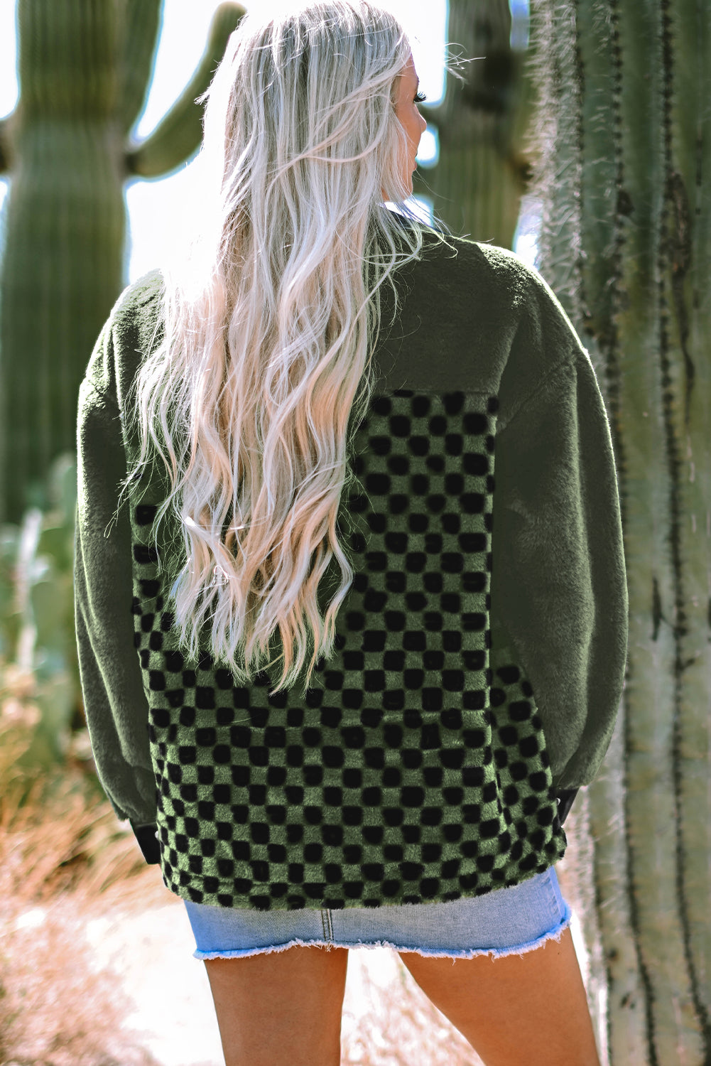 Vineyard Green Fleece Checkerboard Flap Pocket Snap Button Jacket Jackets JT's Designer Fashion