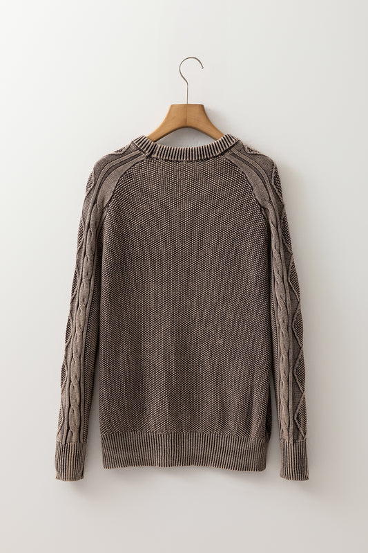 Dark Brown Contrast Cable Knit Sleeve Casual Sweater Sweaters JT's Designer Fashion