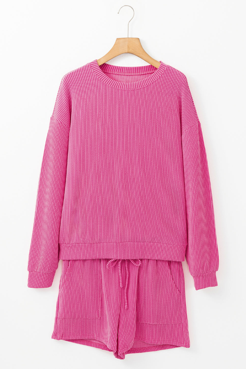 Strawberry Pink Corded Textured Long Sleeve Top and Shorts Set Short Sets JT's Designer Fashion