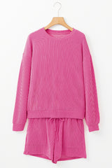 Strawberry Pink Corded Textured Long Sleeve Top and Shorts Set Short Sets JT's Designer Fashion