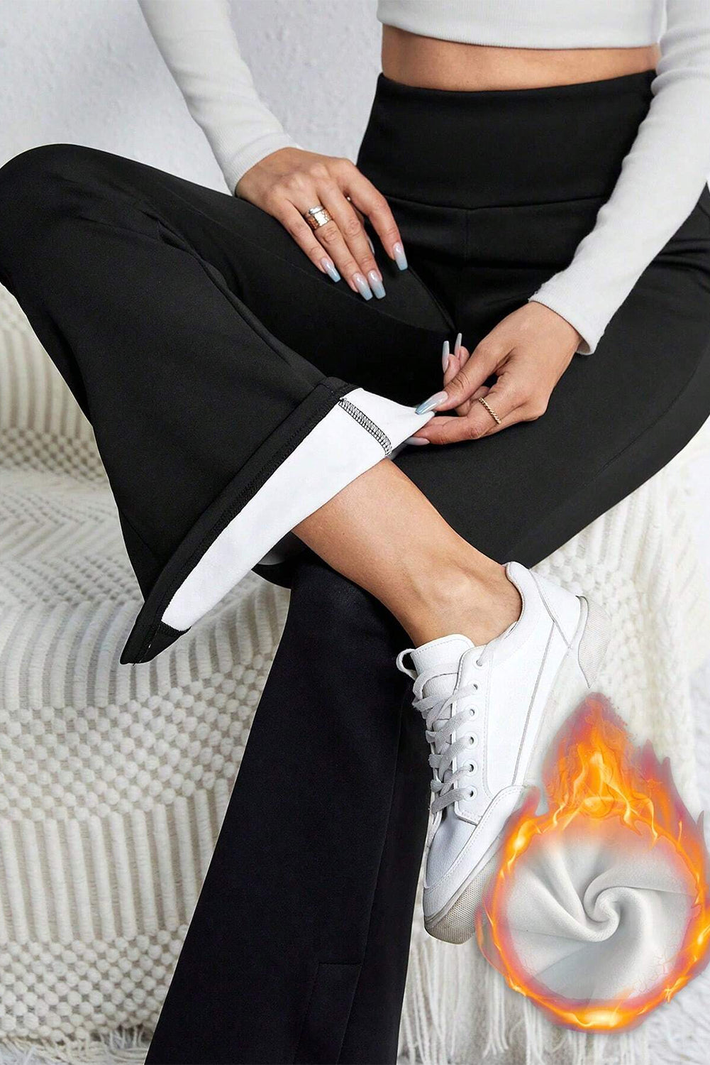 Black Thermal Lined Split Flare Leg Pants Pants & Culotte JT's Designer Fashion