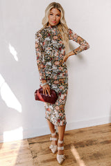 Brown Floral Allover Print Mock Neck Bodycon Long Sleeve Midi Dress Floral Dresses JT's Designer Fashion