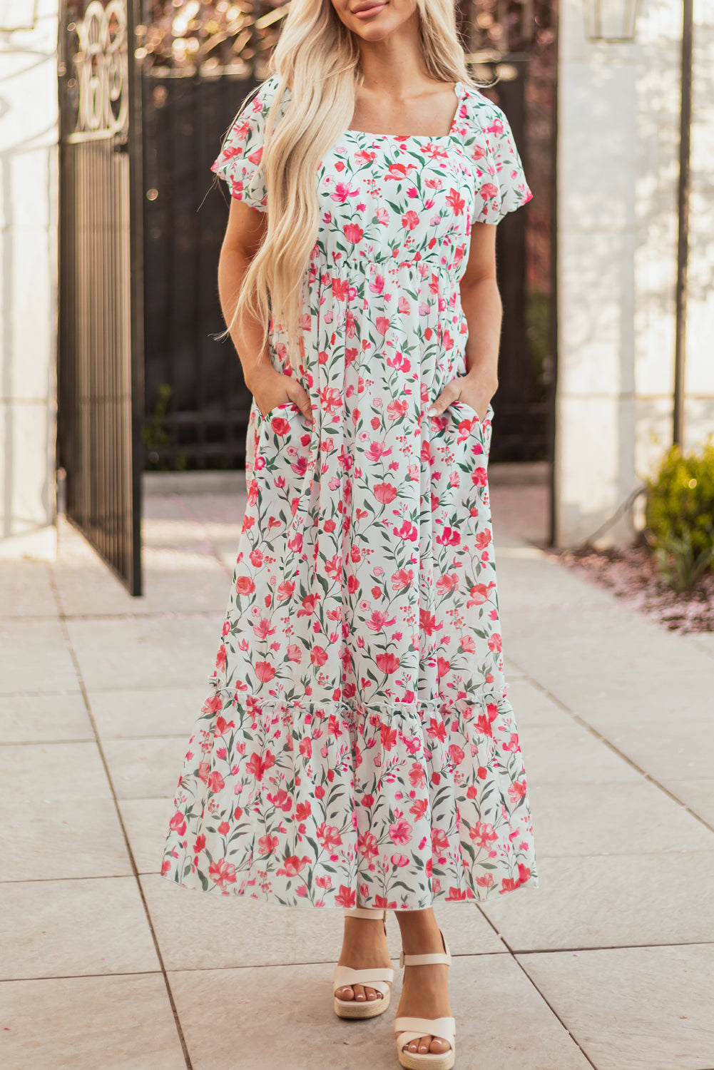 Pink Floral Puff Sleeve Square Neck Empire Waist Tiered Maxi Dress Floral Dresses JT's Designer Fashion