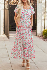 Pink Floral Puff Sleeve Square Neck Empire Waist Tiered Maxi Dress Floral Dresses JT's Designer Fashion