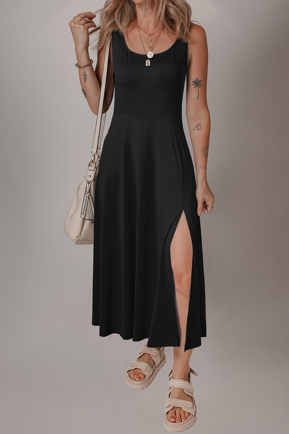 Black Sleeveless Scoop Neck Flared Split Midi Dress Midi Dresses JT's Designer Fashion
