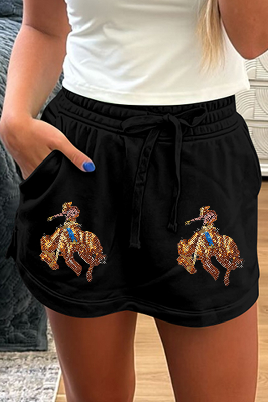 Black Sequin Western Cowboy Patched Lace-up High Waist Skort Graphic Pants JT's Designer Fashion