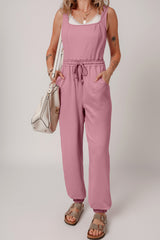 Light Pink Lace-up Elastic Waist Sleeveless Square Neck Jumpsuit Bottoms JT's Designer Fashion