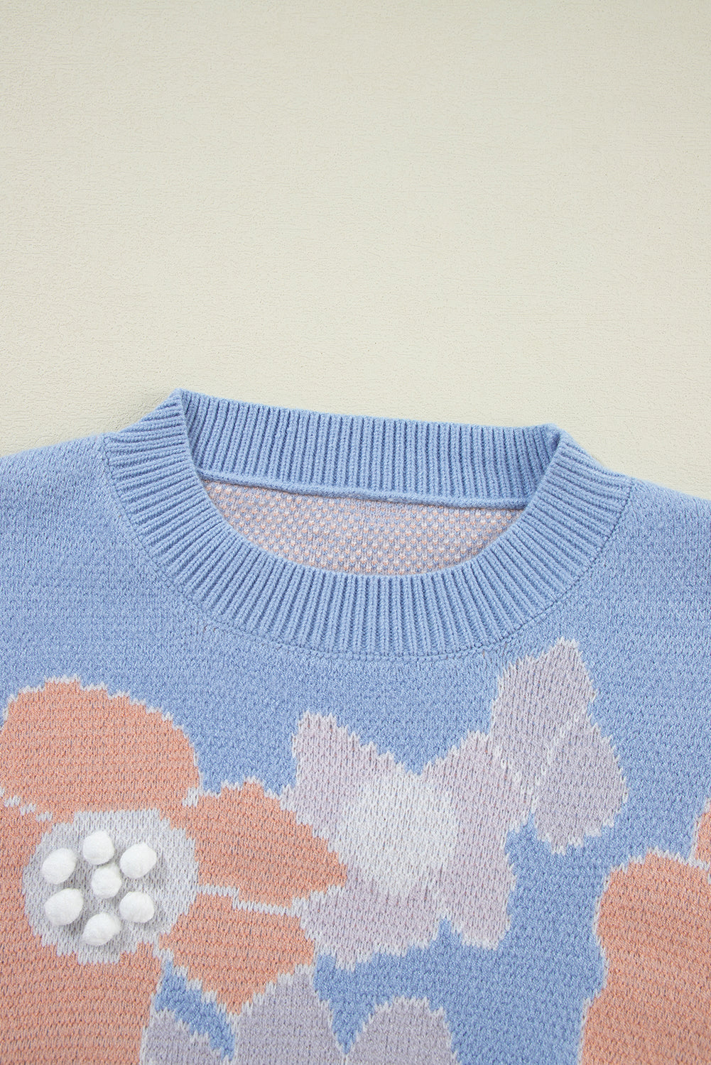 Beau Blue Floral O Neck Drop Shoulder Knitted Sweater Sweaters JT's Designer Fashion