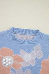 Beau Blue Floral O Neck Drop Shoulder Knitted Sweater Sweaters JT's Designer Fashion
