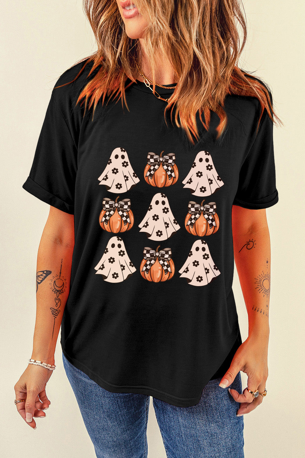 Black Halloween Ghost Pumpkin Print Crew Neck T Shirt Graphic Tees JT's Designer Fashion