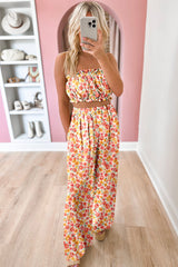 Pink Boho Floral Bandeau Top and High Waist Wide Leg Pants Set Pant Sets JT's Designer Fashion