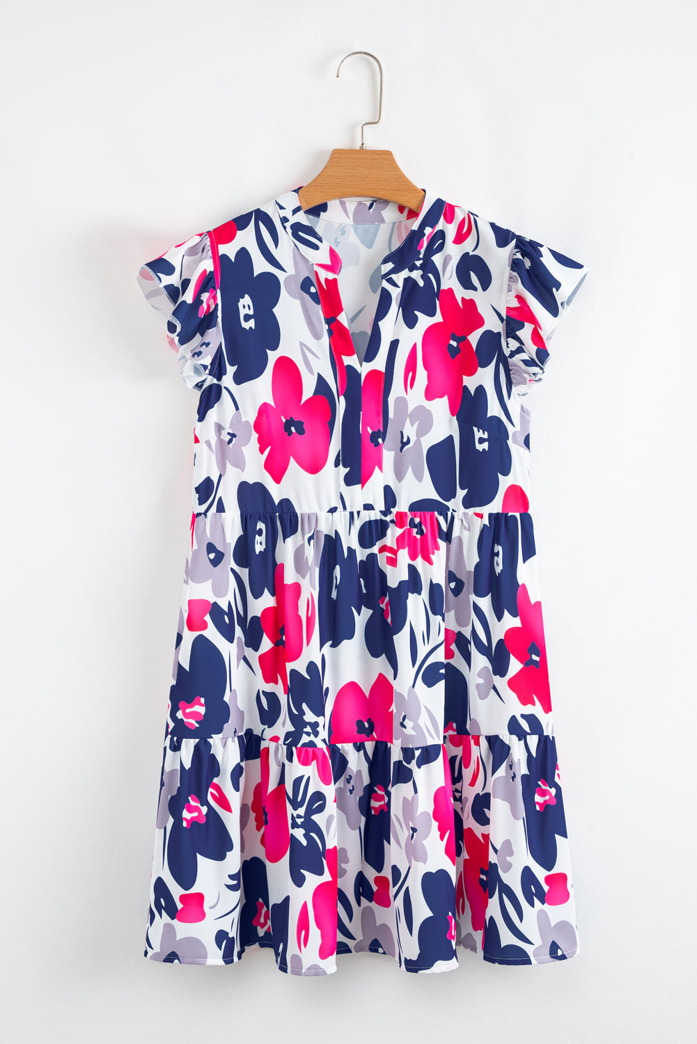 Fashion Floral Print Notched Neck Flutter Sleeve Mini Dress Floral Dresses JT's Designer Fashion