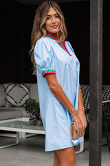 Myosotis Contrast Striped Notched V Neck Puff Sleeve Mini Dress Mini Dresses JT's Designer Fashion