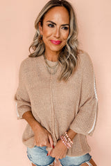 Light French Beige Contrast Striped 3/4 Sleeve Crew Neck Sweater Sweaters JT's Designer Fashion