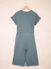 Blue Dolman Button Belted V Neck Wide Leg Pocketed Jumpsuit Jumpsuits & Rompers JT's Designer Fashion