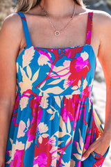 Dark Blue Floral High Waist Sleeveless Flared Long Dress Floral Dresses JT's Designer Fashion
