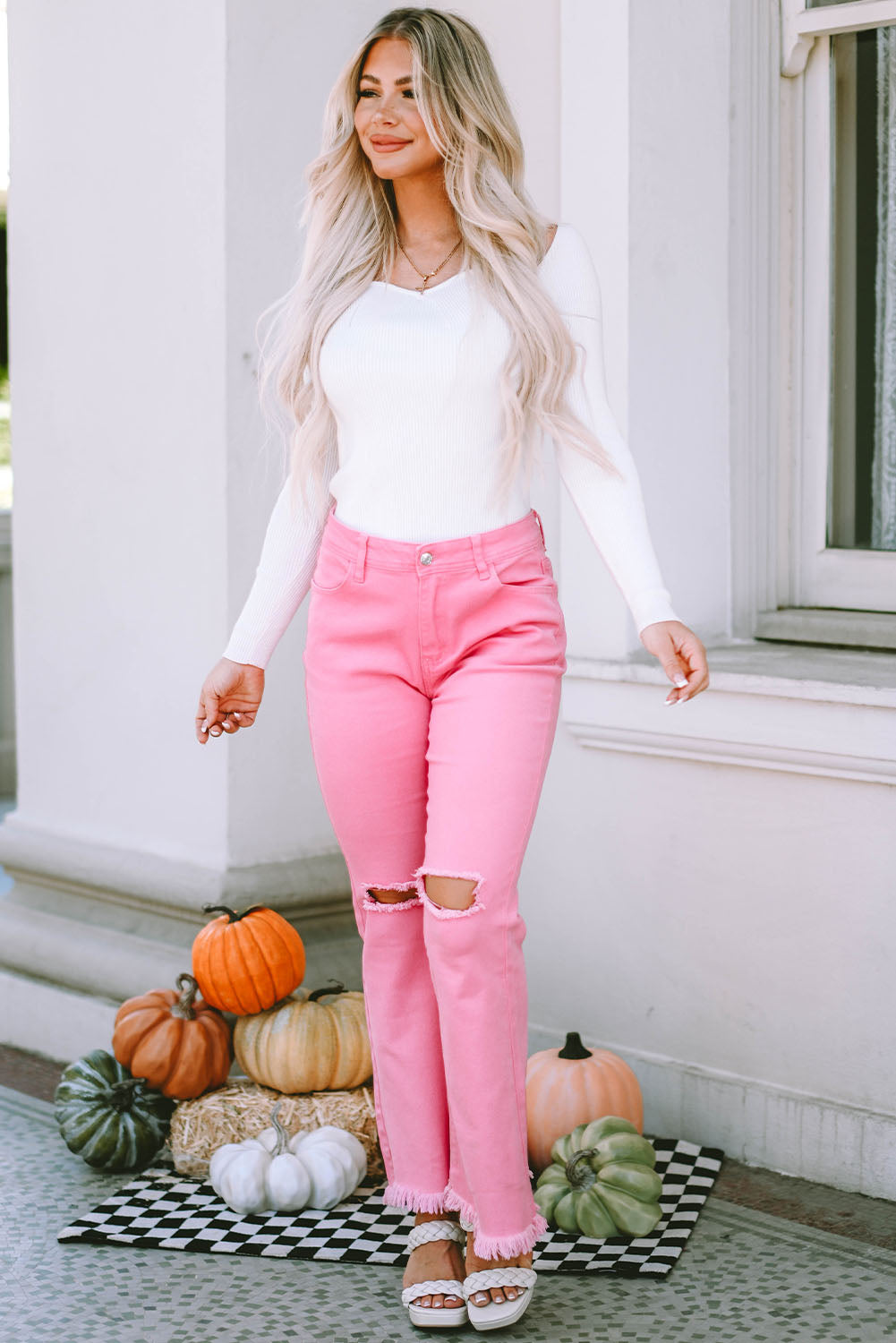 Pink Vintage High Waist Flare Leg Ripped Raw Hem Jeans Jeans JT's Designer Fashion