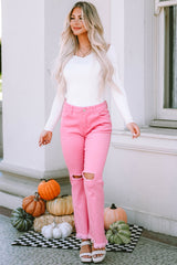Pink Vintage High Waist Flare Leg Ripped Raw Hem Jeans Jeans JT's Designer Fashion