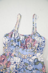 Sky Blue Floral Tiered Patchwork Spaghetti Strap Vacation Dress Floral Dresses JT's Designer Fashion