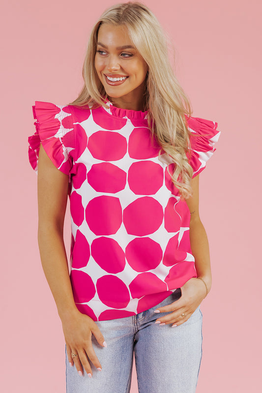 Rose Bubblegum Pattern Frilled Collar Flutter Sleeve Top Rose 100%Polyester Blouses & Shirts JT's Designer Fashion