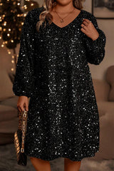 Color black Plus Size Bubble Sleeve V Neck Sequin Dress Color black 100%Polyester Plus Size Mini Dresses JT's Designer Fashion