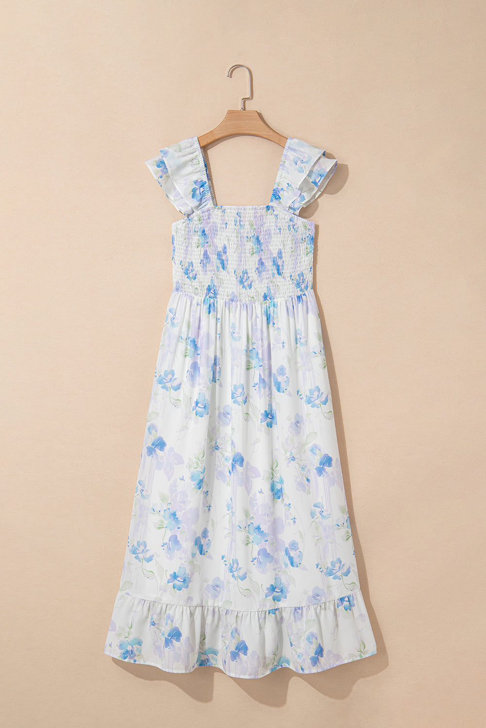 Sky Blue Floral Smocked High Waist Double Ruffle Sleeveless Long Dress Maxi Dresses JT's Designer Fashion