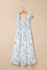 Sky Blue Floral Smocked High Waist Double Ruffle Sleeveless Long Dress Maxi Dresses JT's Designer Fashion