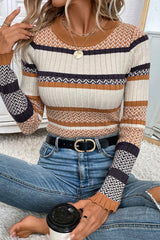 Brown Stripe Stylish Pattern Knitted Ribbed Trim Slim Sweater Sweaters JT's Designer Fashion