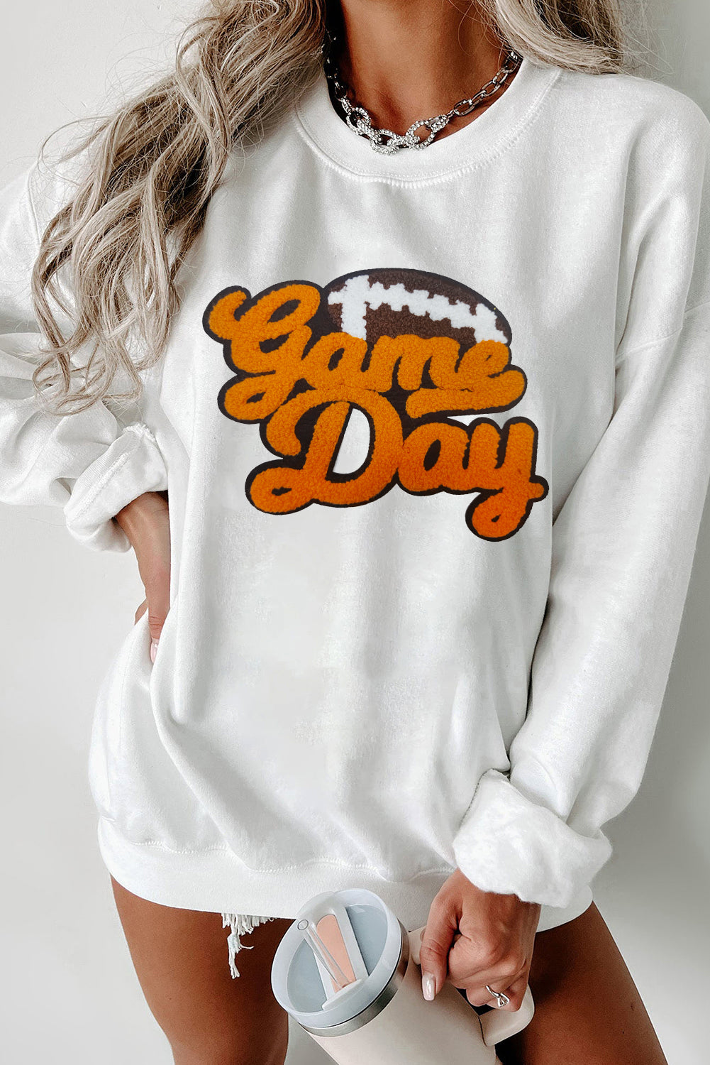 White Chenille Game Day Rugby Football Pattern Pullover Sweatshirt White 50%Polyester+50%Cotton Graphic Sweatshirts JT's Designer Fashion