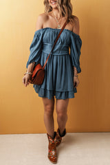 Real Teal Frilled Neckline 3/4 Sleeve Layered Ruched Mini Dress Mini Dresses JT's Designer Fashion