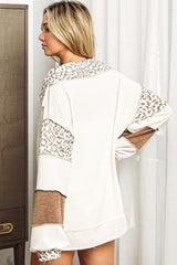 White Leopard Patchwork Turn-down Collar Waffle Top Long Sleeve Tops JT's Designer Fashion