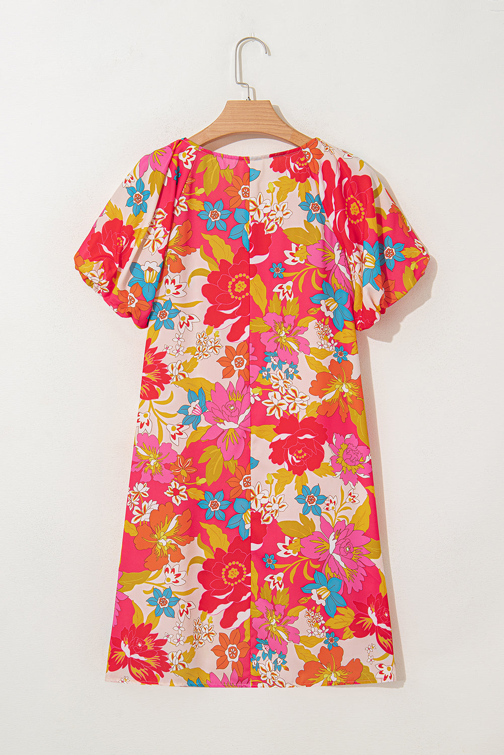 Pink Floral Print Bubble Short Sleeve Dress Floral Dresses JT's Designer Fashion
