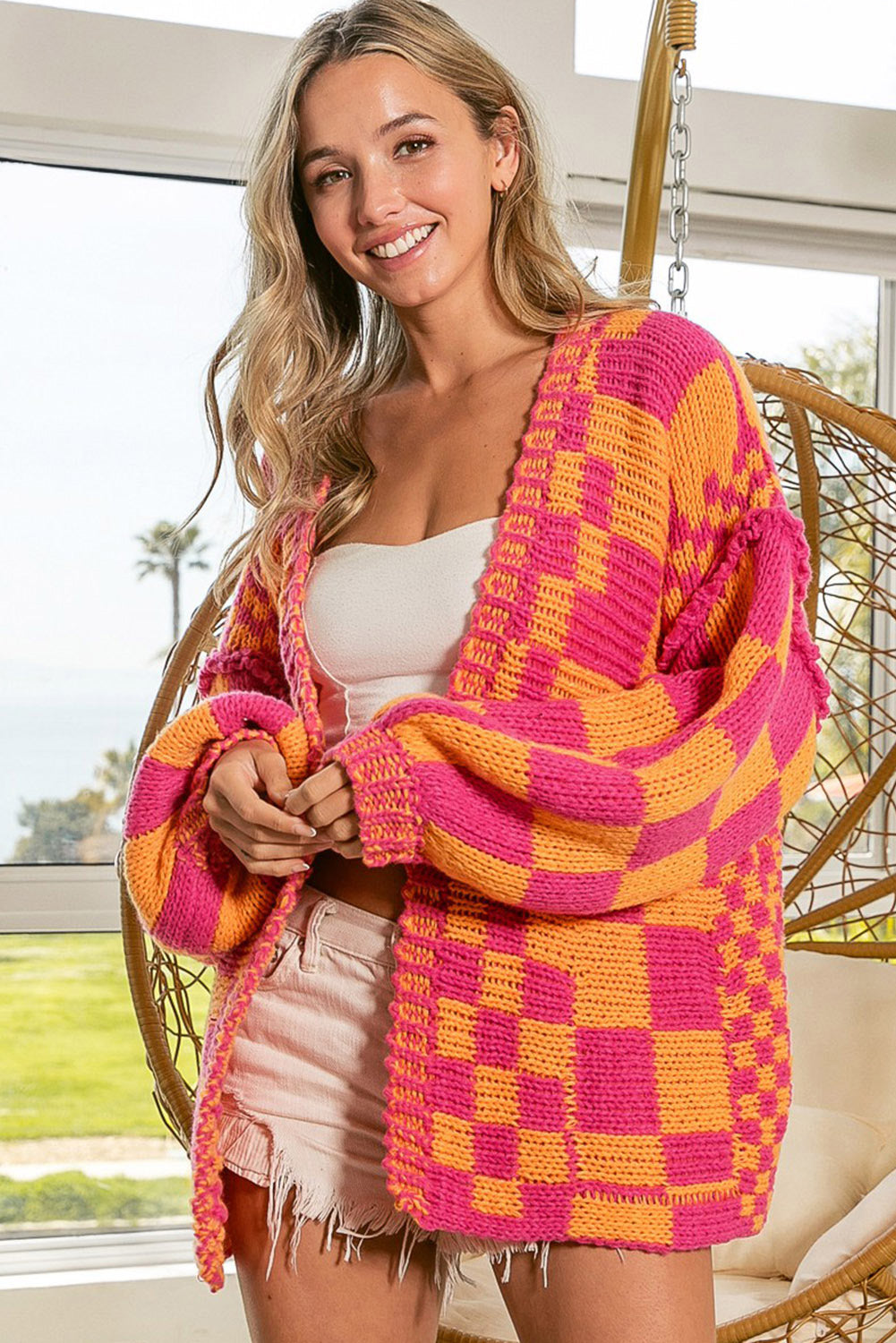 Multicolor Open Front Mixed Checkered Pattern Knit Cardigan Sweaters & Cardigans JT's Designer Fashion