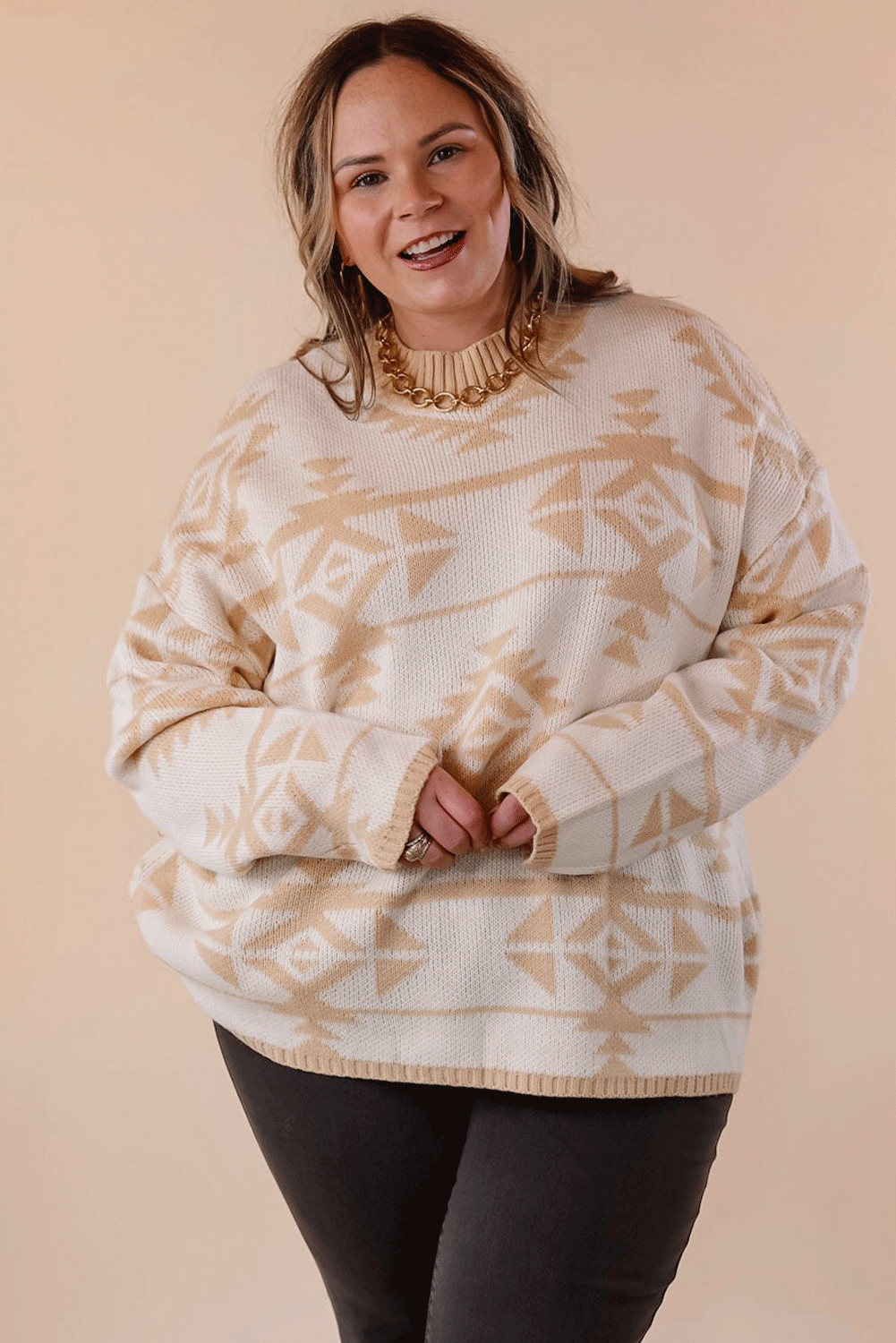Apricot Plus Size Western Aztec Print Loose Sweater Plus Size Sweaters & Cardigans JT's Designer Fashion