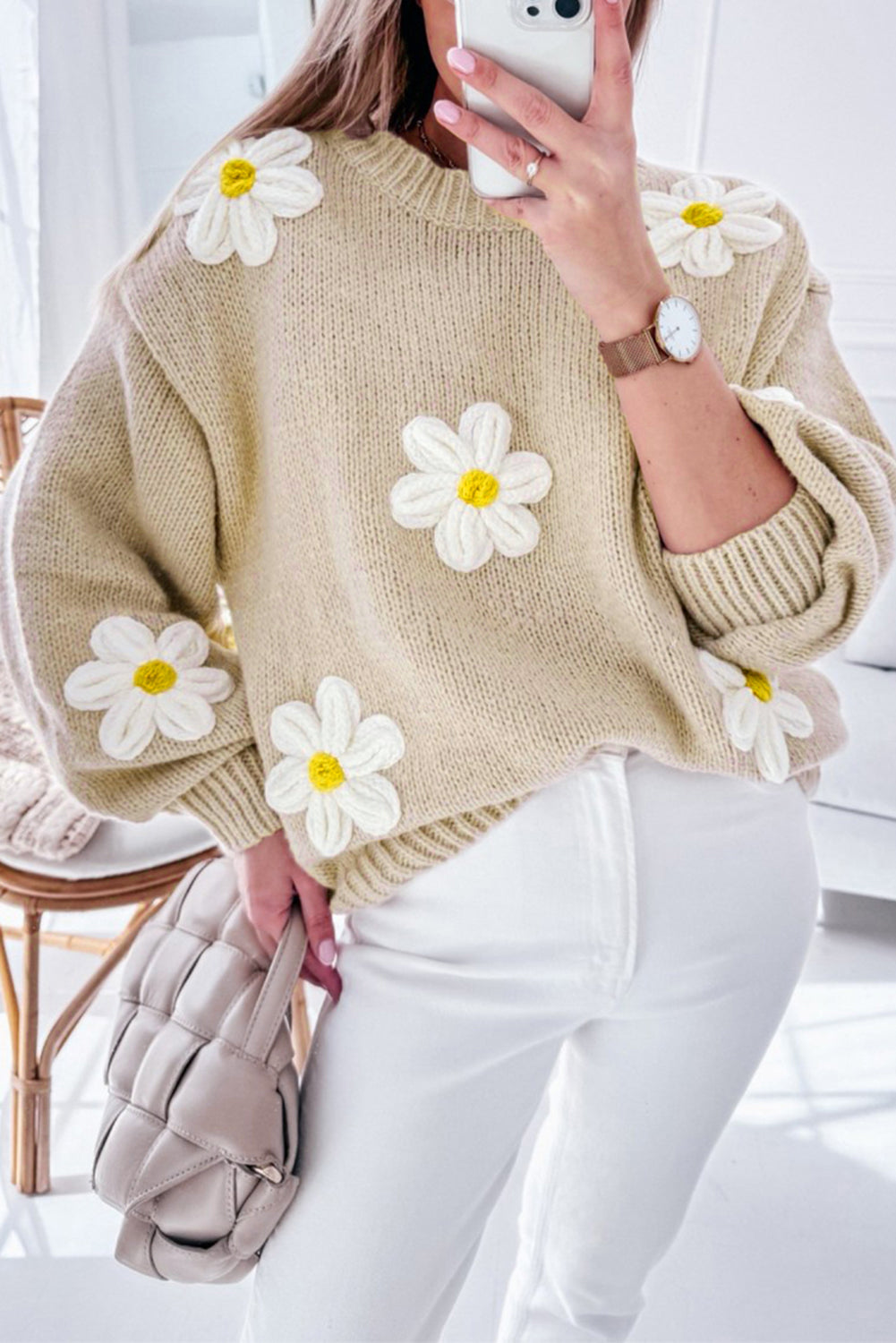 Parchment Floral Crochet Chunky Knit Sweater Parchment 60%Acrylic+40%Polyamide Sweaters JT's Designer Fashion