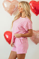 Rose Stripe Crew Neck T Shirt and Drawstring Shorts Set Short Sets JT's Designer Fashion